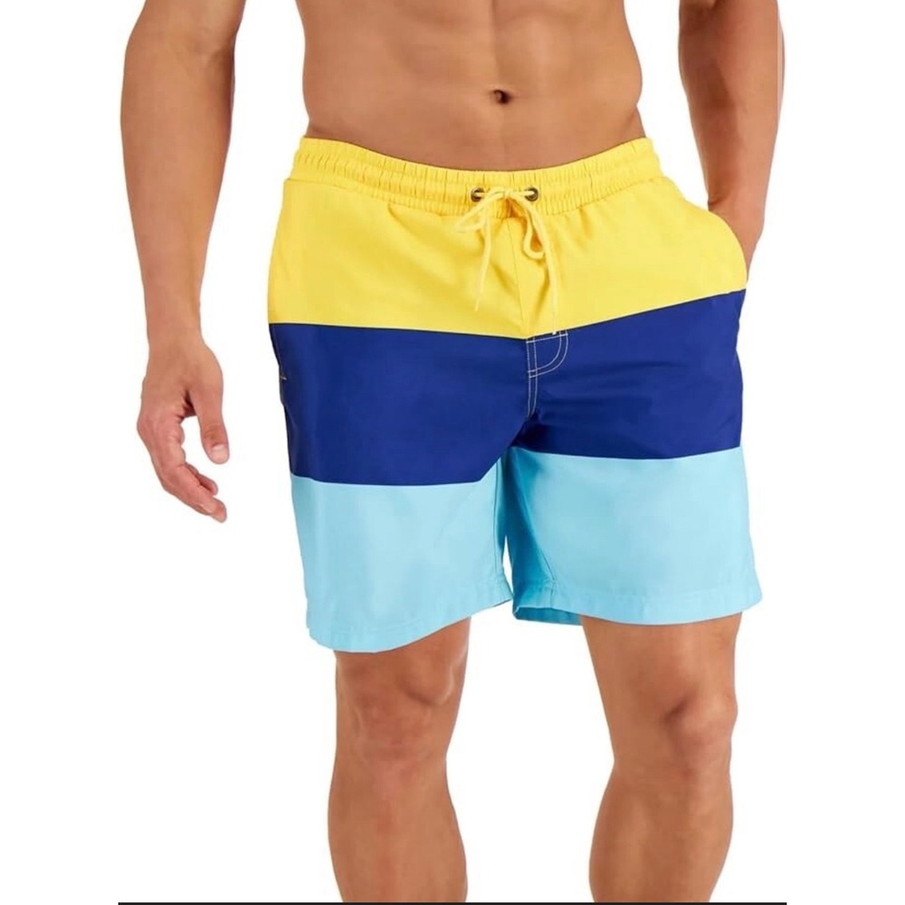 Club Room Colorblock Swim Trunks XXL Yellow Blue Striped Beach Board Shorts